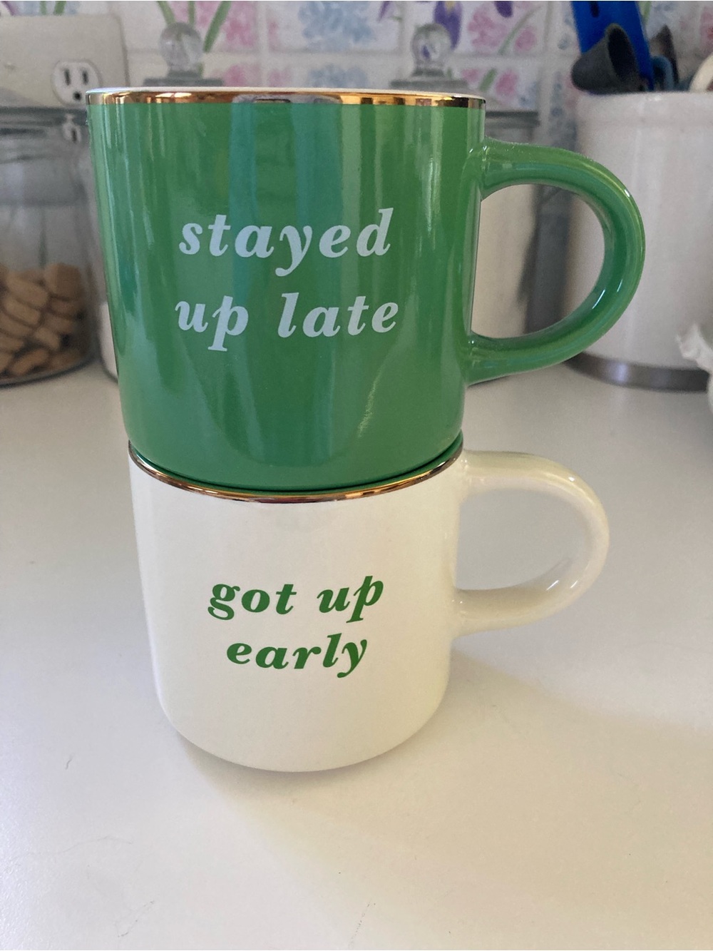 kate spade Green and White 'Stayed Up Late / Got Up Early' Mug Duo